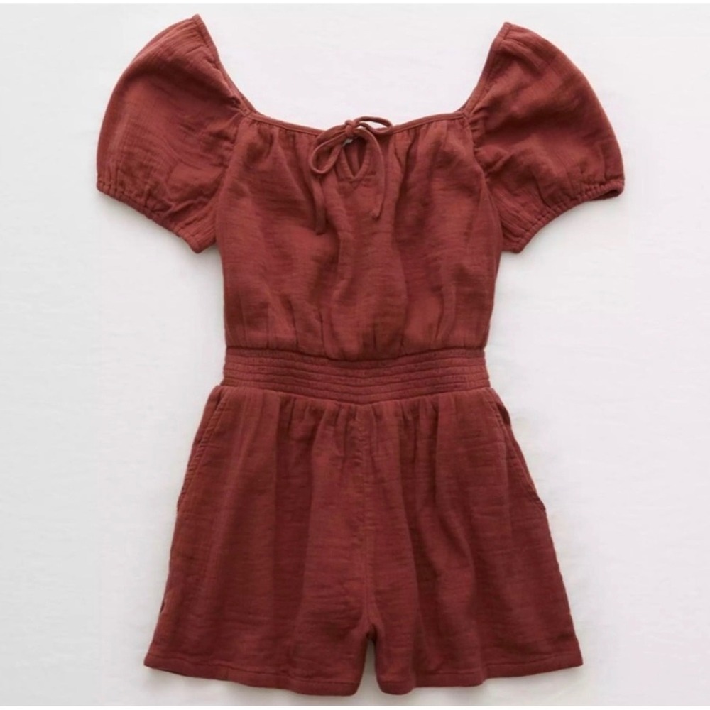 Aerie Rust Brown Gauze Puff Sleeve Smocked Waist Romper Size Medium